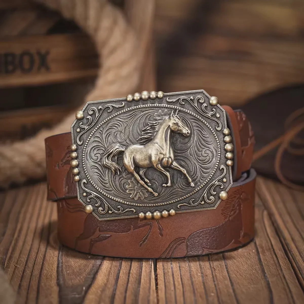 Women's Western Cowboy PU Leather Alloy Buckle Belts Horse Pattern Floral Engraved High Quality Bohemian Retro Vintage Belt