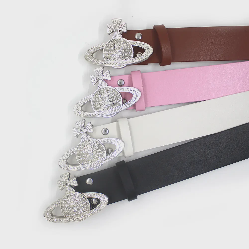 New Luxury Y2K Planet Cross Rhinestone Studded Buckle Pink PU Leather Belt for Women Girls Jeans Skirt