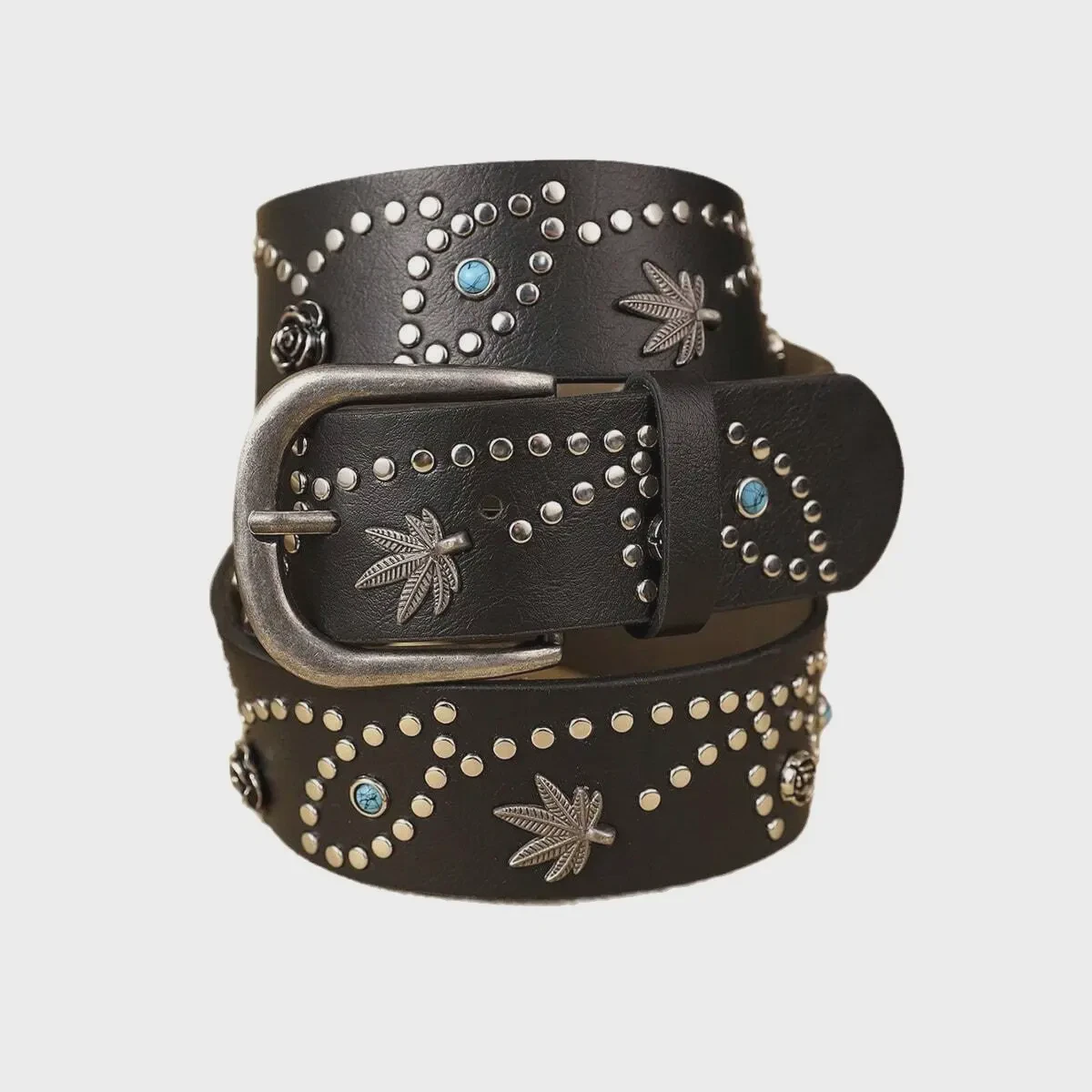 Matte Silver Metal Pin Buckle Black Flower Tree Leaf Studded Leather Belt