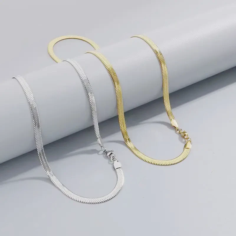 Stainless Steel Metal 18k Gold Plated Color Snake Flat Chain Necklace Snake Bone Blade Chain Necklace Herringbone Chain Necklace