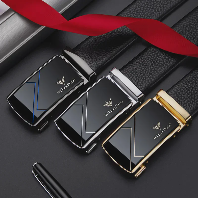 For WilliamPOLO Men's Genuine Cowhide Leather Belt Alloy Automatic Buckle Custom Logo Fashion Business Casual Style for Middle-A