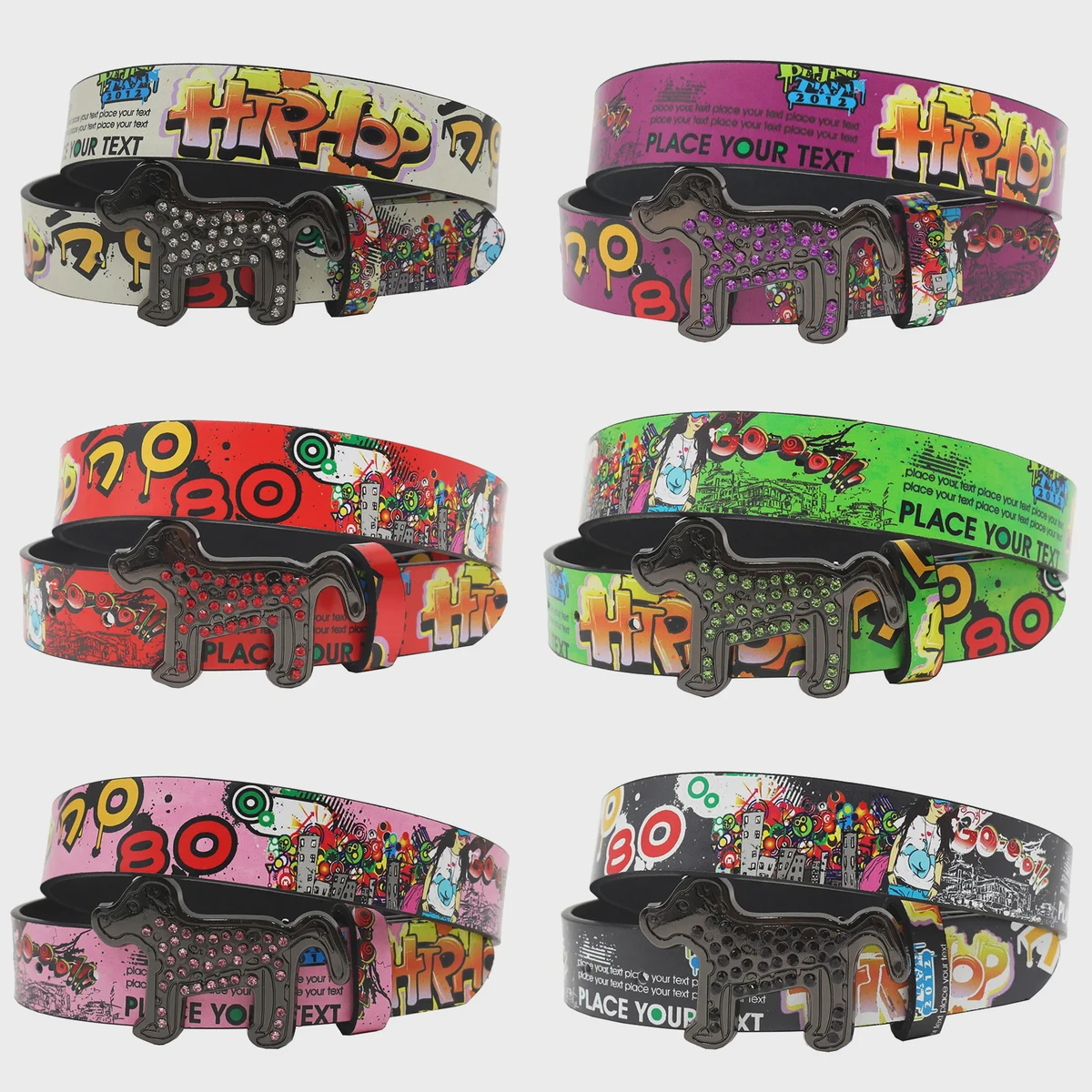 Belt Manufacturer Designed Rhinestone Buckle Smooth Snap Graffiti Print Casual Y2K Belt Versatile Euro-American Style PU Belt