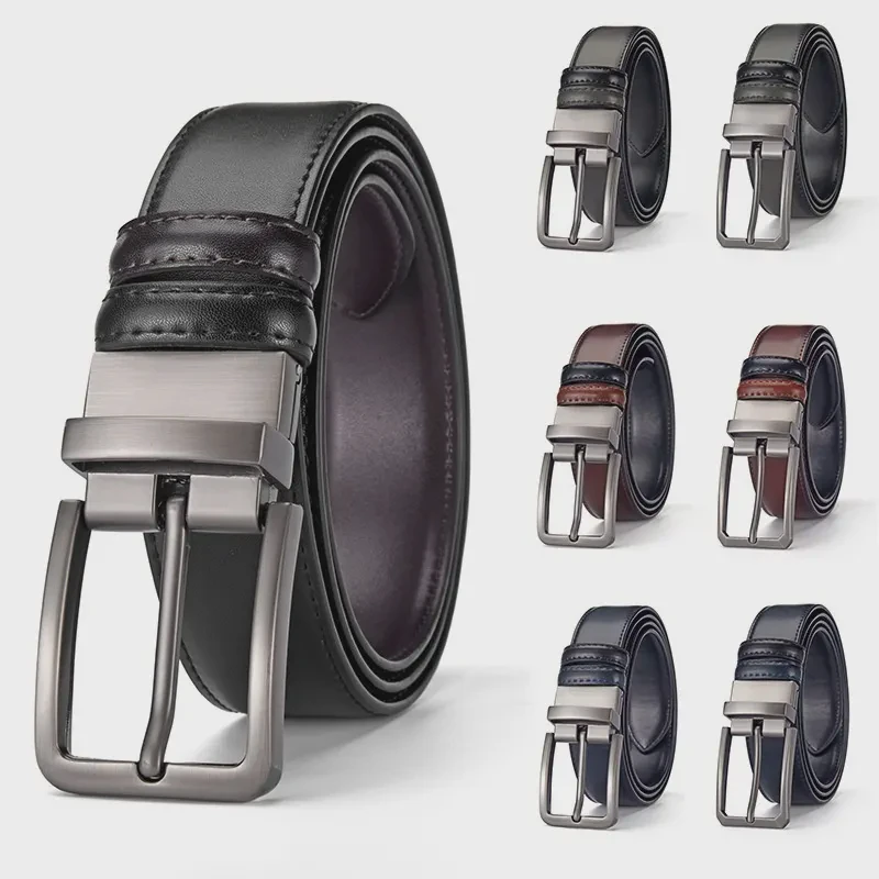 Men's Cow Hide Belt with Rotating Alloy Pin Buckle High-End Korean-Style Waistband Accessory