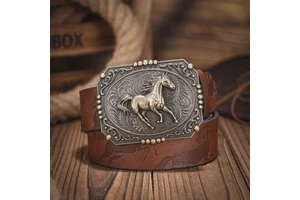 Women's Western Cowboy PU Leather Alloy Buckle Belts Horse Pattern Floral Engraved High Quality Bohemian Retro Vintage Belt