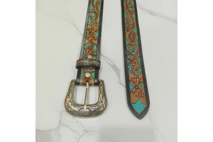 100% Genuine Leather Belts With Engraved And Hand Tooled Filled With Florals Pattern Engraved Silver Pin Buckle And Keepers Belt