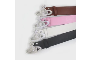New Luxury Y2K Planet Cross Rhinestone Studded Buckle Pink PU Leather Belt for Women Girls Jeans Skirt