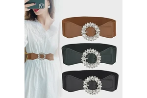 Custom Women's PU Leather Belt Elastic Waist Band with Shiny Rhinestones & Round Buckle Adjustable for Casual Dress