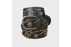 Matte Silver Metal Pin Buckle Black Flower Tree Leaf Studded Leather Belt