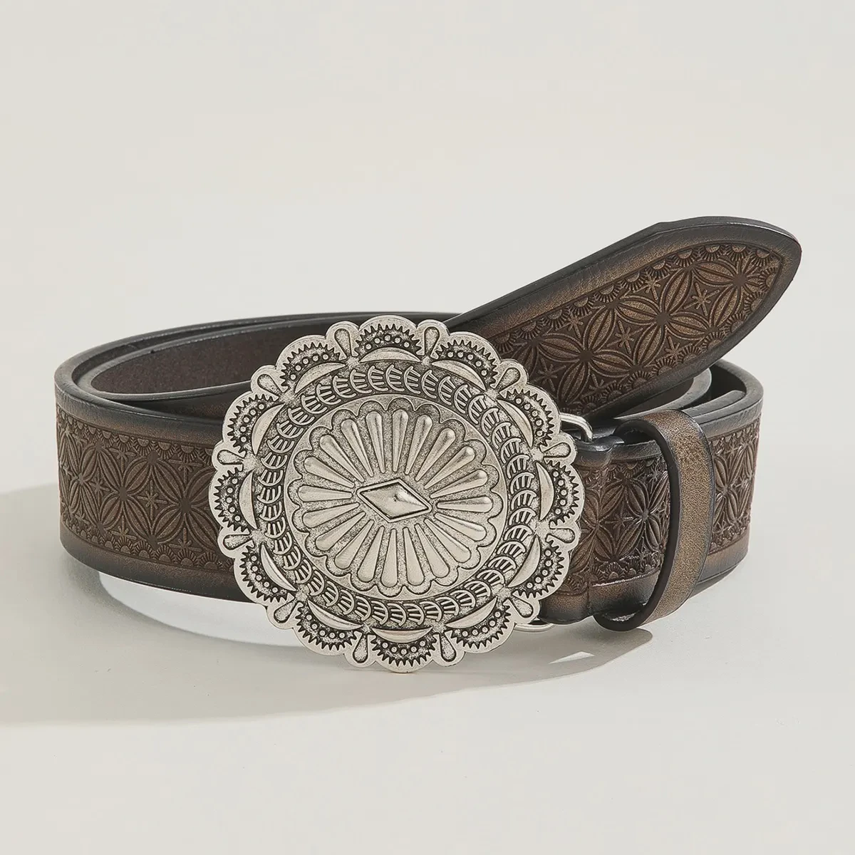Adjustable Bohemian Western Cowboy Belt with Distressed Embossed Porous Alloy Buckle Carved Waist Cincher