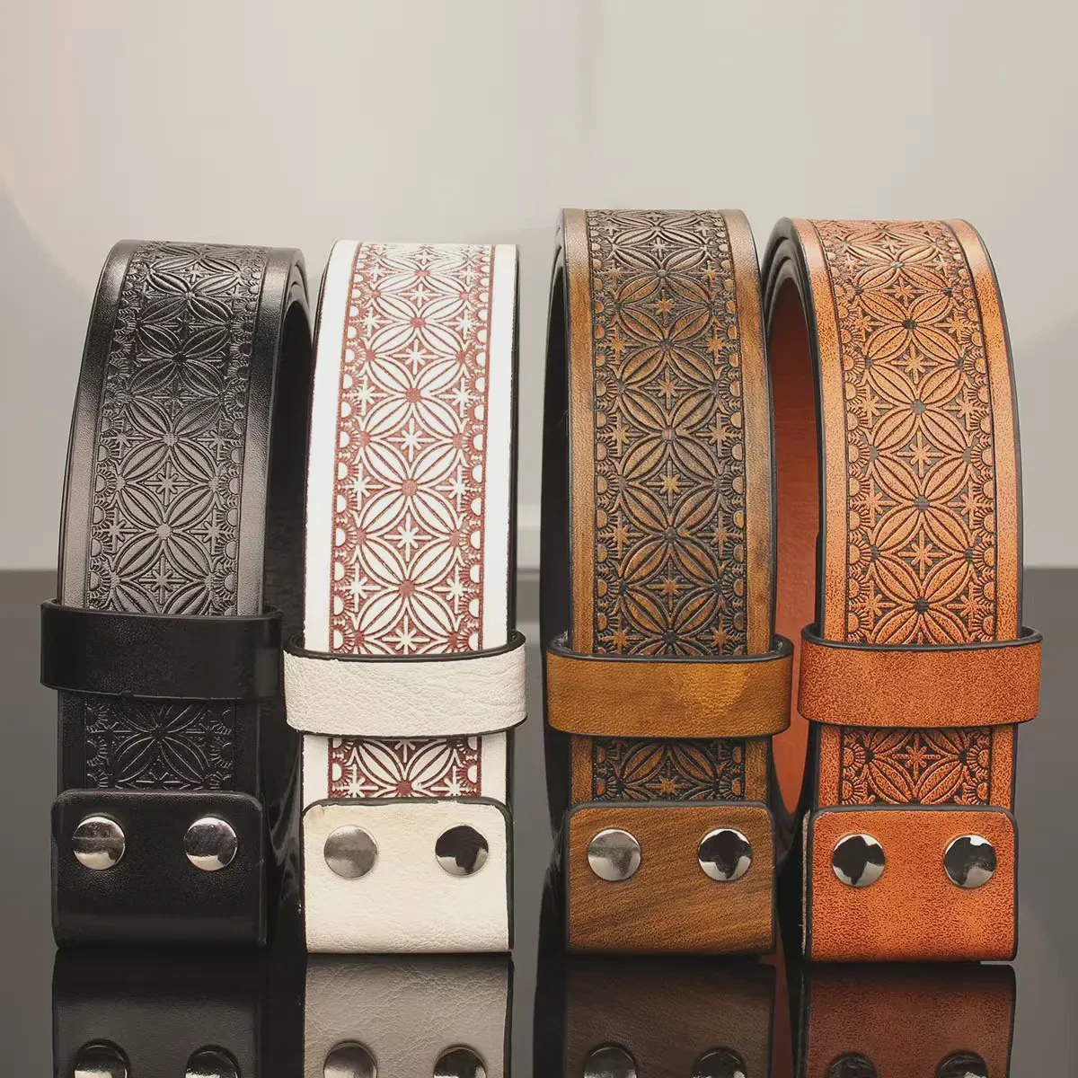 Western Octagonal Flower Embossed PU Leather Belt Strap 3.8cm Wide Alloy Buckle Vintage Cowboy Waist Belt for Jeans 105-125cm