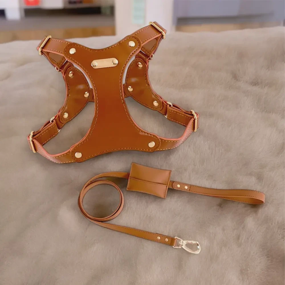 New Buckle Style Waterproof Non-stick Hair Adjustable Dog Soft Leather Dog Harness Set Comes With Dog Poop Bag