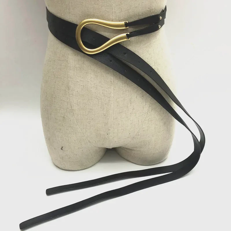 Women's Double-layer Faux Leather Thin Waist Belt Large Gold U-Shape Metal Buckle Fashion Belt