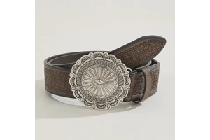 Adjustable Bohemian Western Cowboy Belt with Distressed Embossed Porous Alloy Buckle Carved Waist Cincher