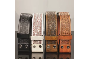 Western Octagonal Flower Embossed PU Leather Belt Strap 3.8cm Wide Alloy Buckle Vintage Cowboy Waist Belt for Jeans 105-125cm