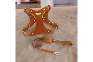 New Buckle Style Waterproof Non-stick Hair Adjustable Dog Soft Leather Dog Harness Set Comes With Dog Poop Bag